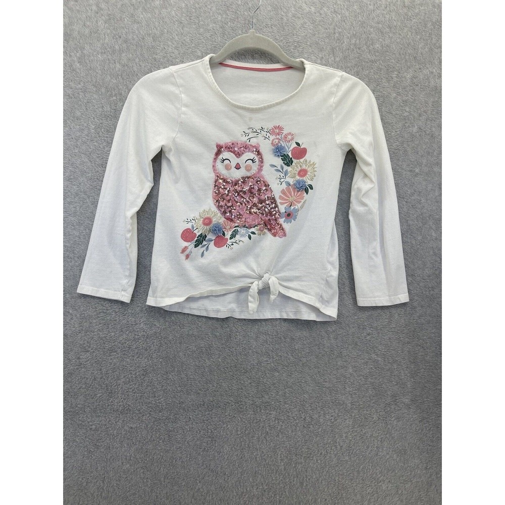 Unbranded Girls Shirt Long Sleeve Embellished Owl Crew Neck White Large Sequined